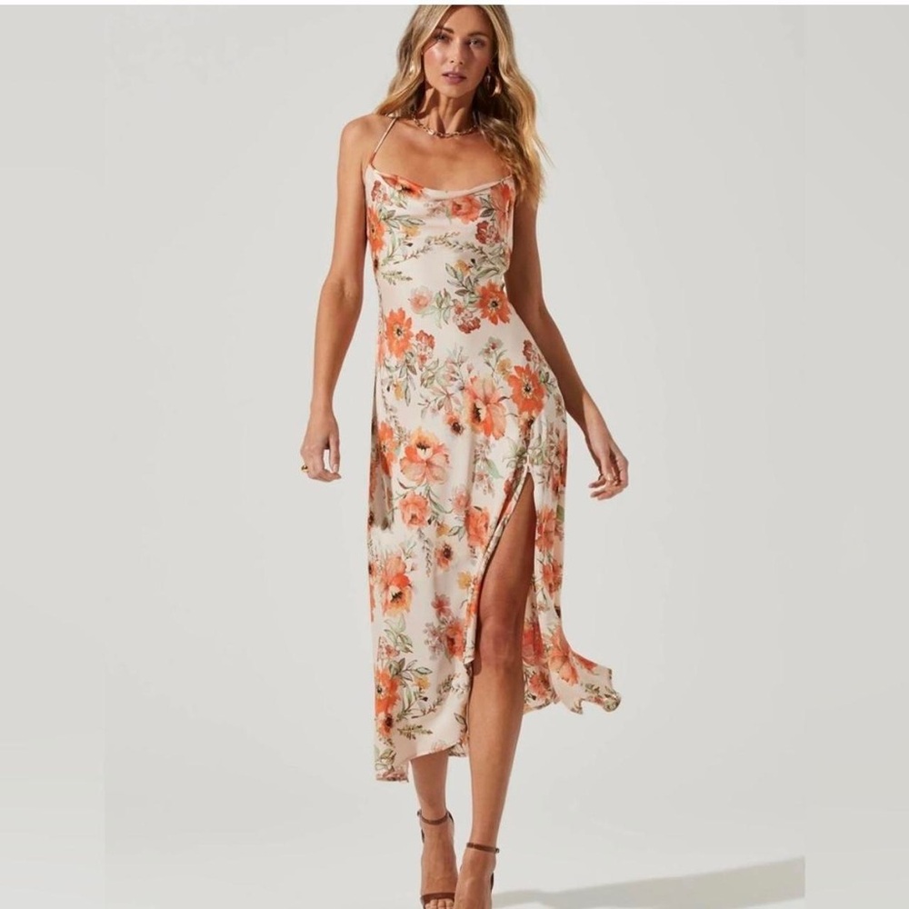 ASTR the Label Gaia Floral Midi Dress in Orange and Cream